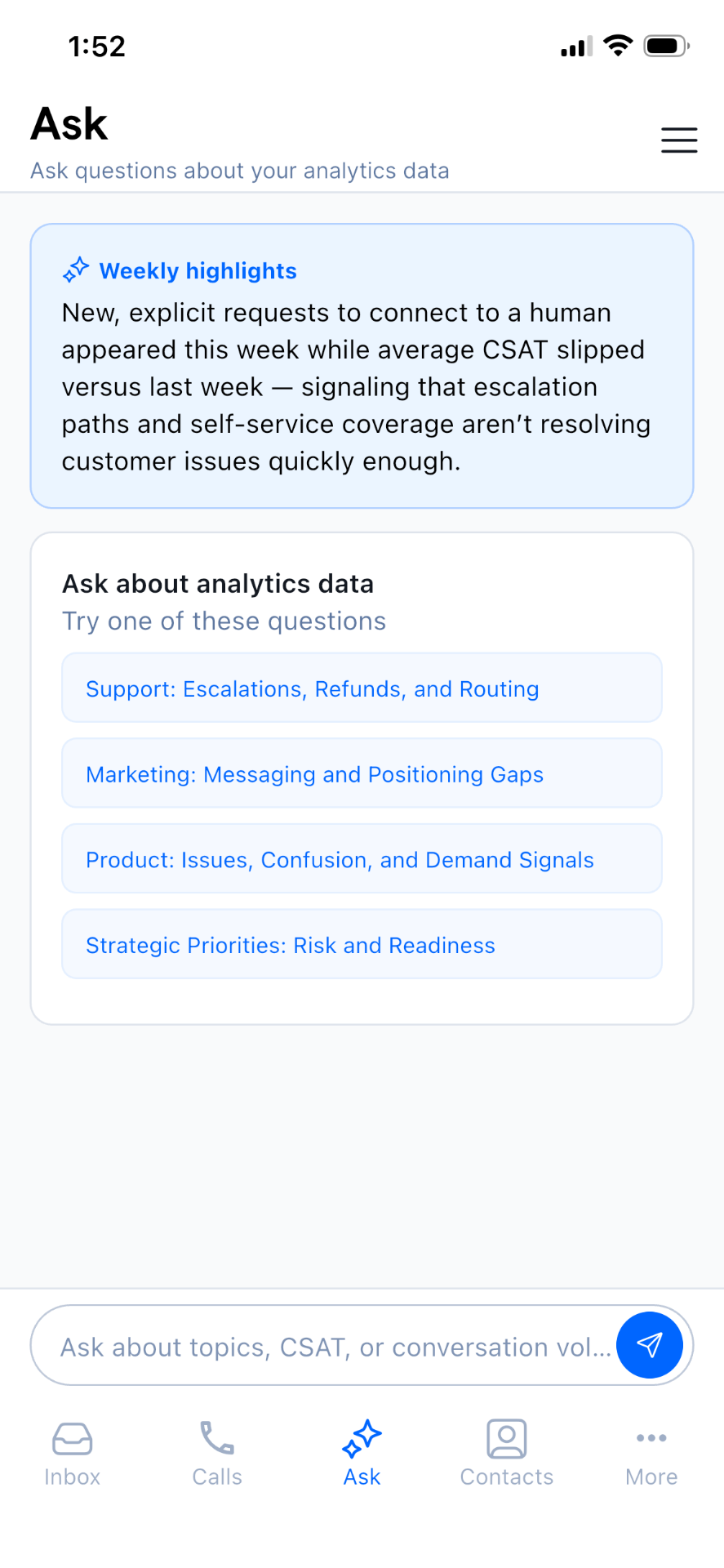 Home — weekly highlight and tap-to-ask suggestions.
